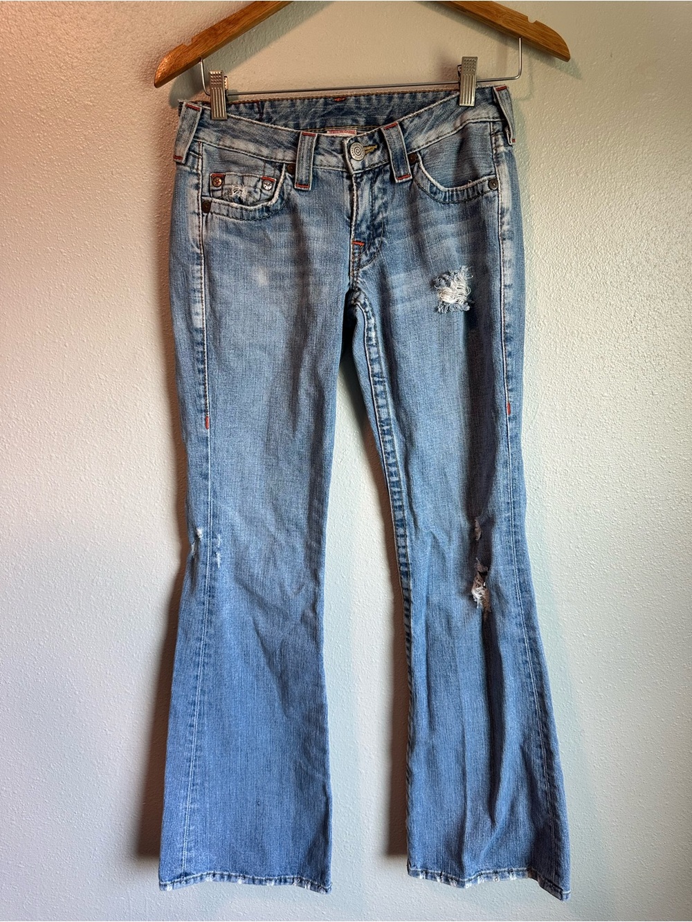 True Religion Bobby Low Rise Flare Jeans Medium Wash Distressed Made in USA 28